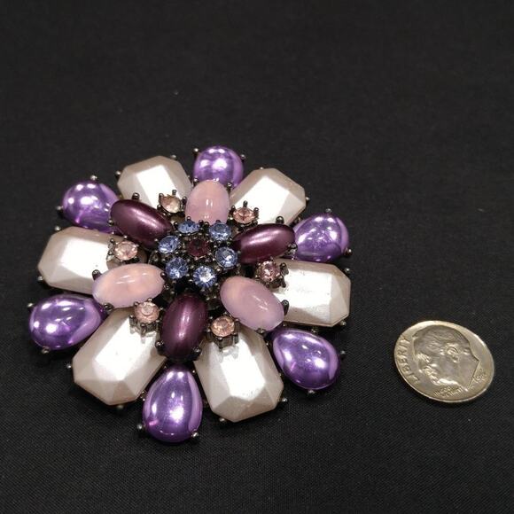 Purple White Cabochons Gunmetal Gray Brooch, Lavender Purple Rhinestones, 2 1/2" - Picture 6 of 6